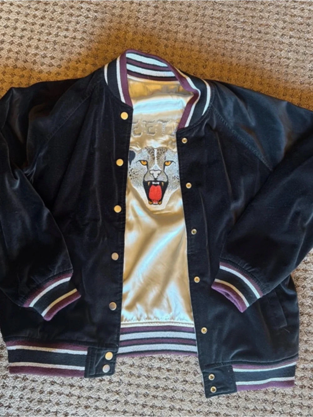 Levi's Black Velvet Bomber Jacket with Cream Satin Embroidered Liner